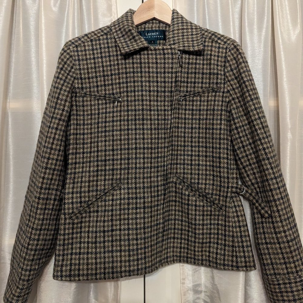 Vintage 90s Ralph Lauren Wool Moto Jacket Houndstooth Plaid - SIZE 4